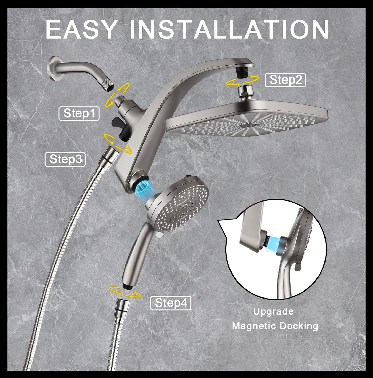 High Pressure Rain Shower Head: Upgrade Shower Heads with Handheld Spray Combo with Fixed Showerhead and 10 Sprays Handheld Shower Head, Detachable Showerheads Built-in Magnetic Docking and Power Jets