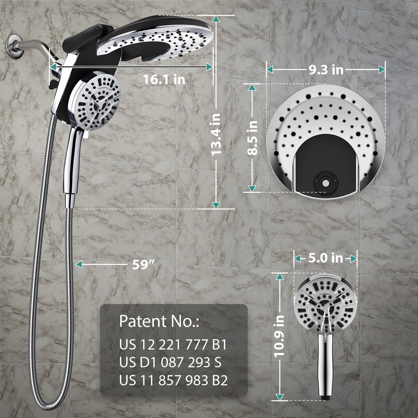 Rain Shower Head with Handheld: Foldable High Pressure Shower Heads with Handheld Spray Combo, 9 Spray Settings/Modes Hand Held Showerhead Dual Rainfall Shower Head Built-in Magnetic Docking and Jets