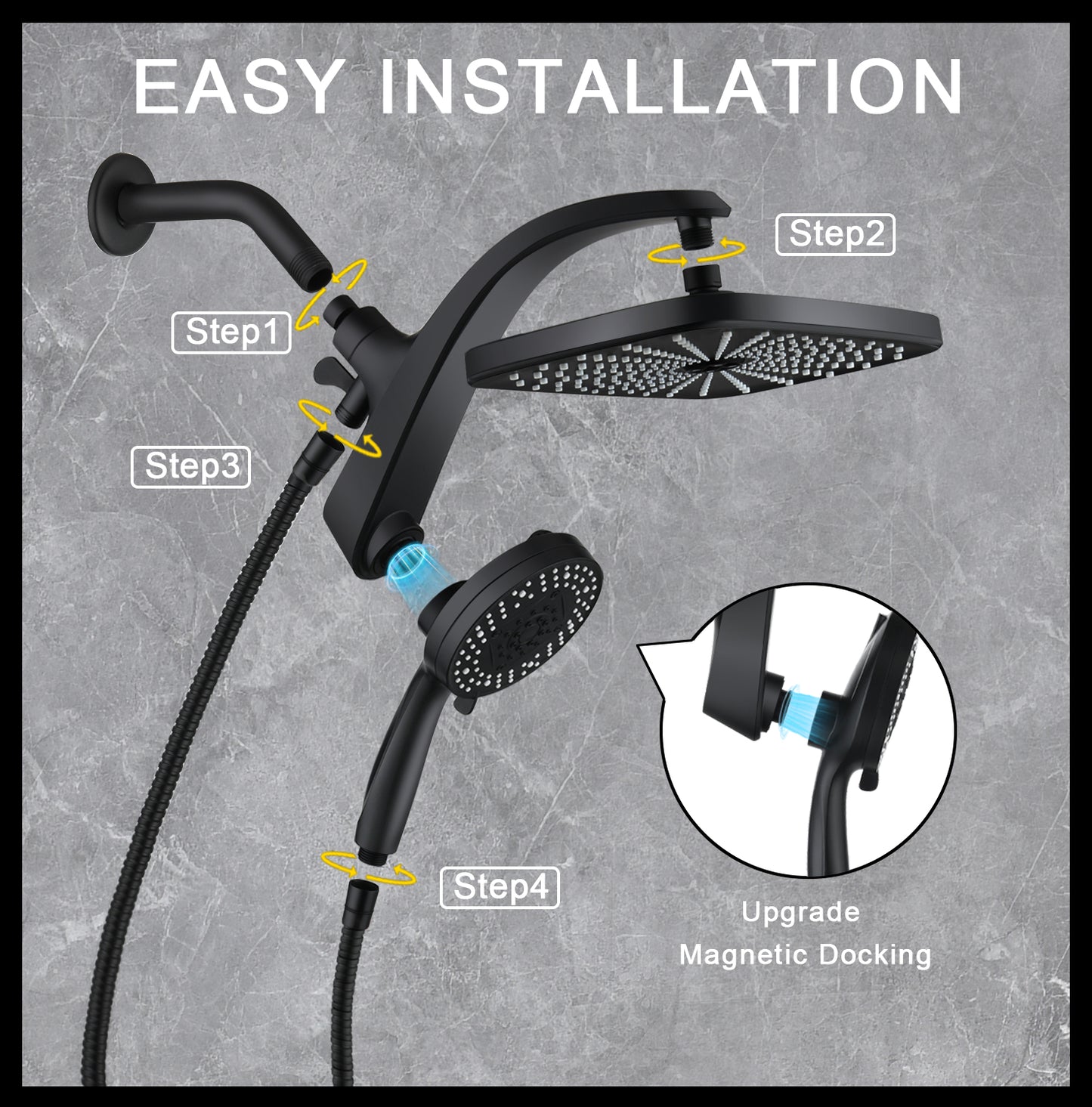 High Pressure Rain Shower Head: Upgrade Shower Heads with Handheld Spray Combo with Fixed Showerhead and 10 Sprays Handheld Shower Head, Detachable Showerheads Built-in Magnetic Docking and Power Jets