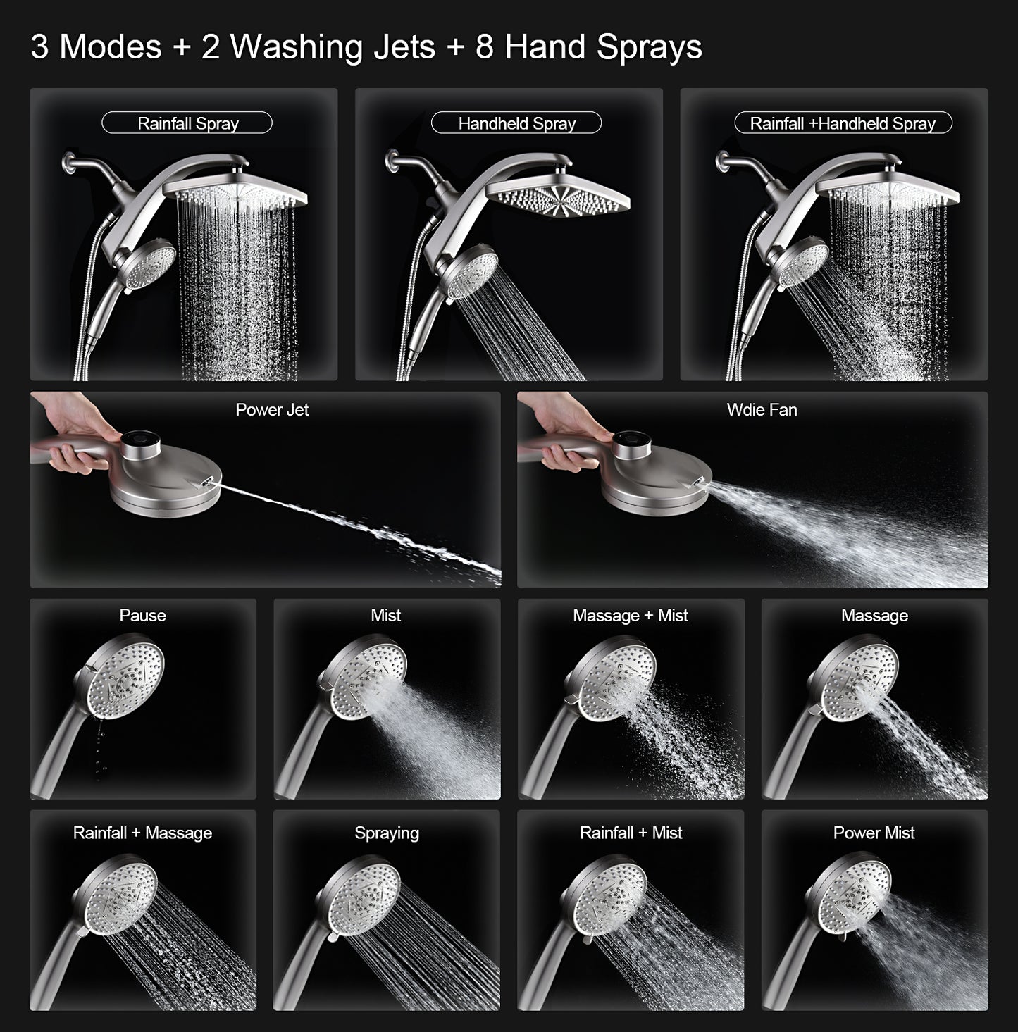 High Pressure Rain Shower Head: Upgrade Shower Heads with Handheld Spray Combo with Fixed Showerhead and 10 Sprays Handheld Shower Head, Detachable Showerheads Built-in Magnetic Docking and Power Jets