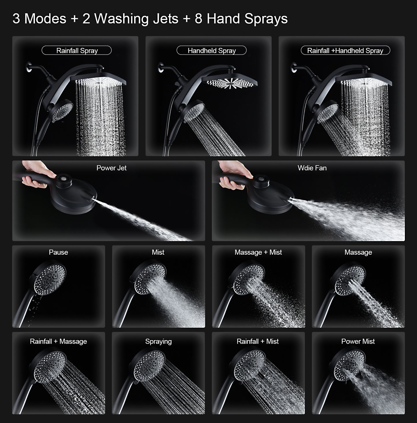 High Pressure Rain Shower Head: Upgrade Shower Heads with Handheld Spray Combo with Fixed Showerhead and 10 Sprays Handheld Shower Head, Detachable Showerheads Built-in Magnetic Docking and Power Jets