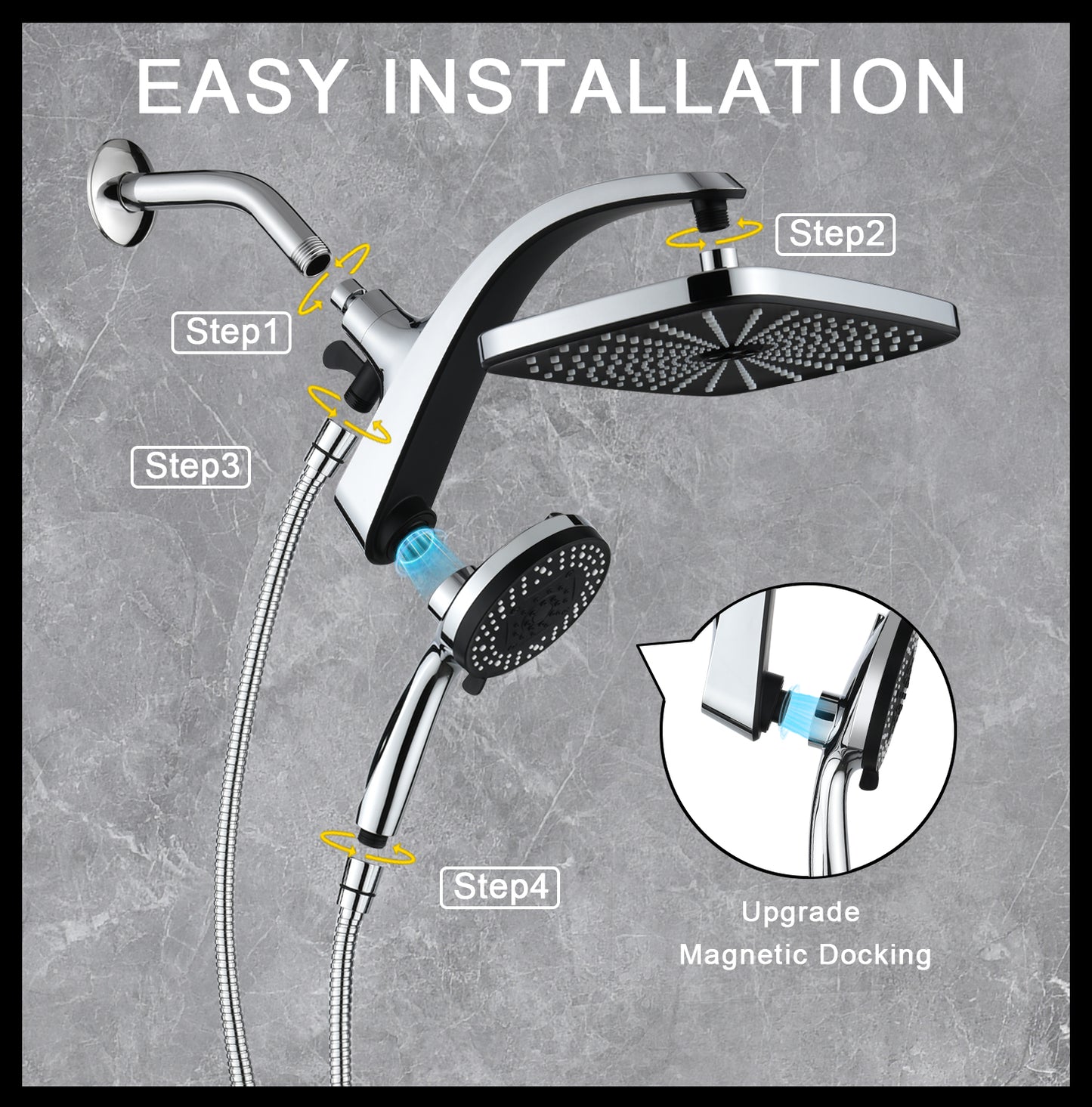 High Pressure Rain Shower Head: Upgrade Shower Heads with Handheld Spray Combo with Fixed Showerhead and 10 Sprays Handheld Shower Head, Detachable Shower head Built-in Magnetic Docking and Power Jets