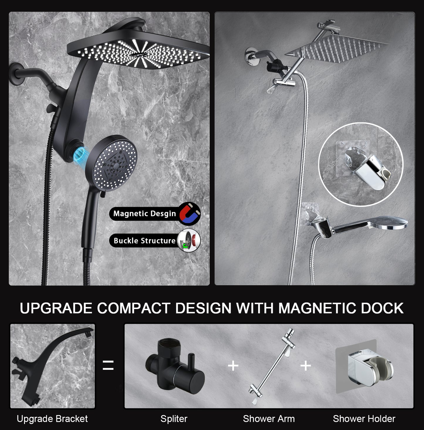High Pressure Rain Shower Head: Upgrade Shower Heads with Handheld Spray Combo with Fixed Showerhead and 10 Sprays Handheld Shower Head, Detachable Showerheads Built-in Magnetic Docking and Power Jets