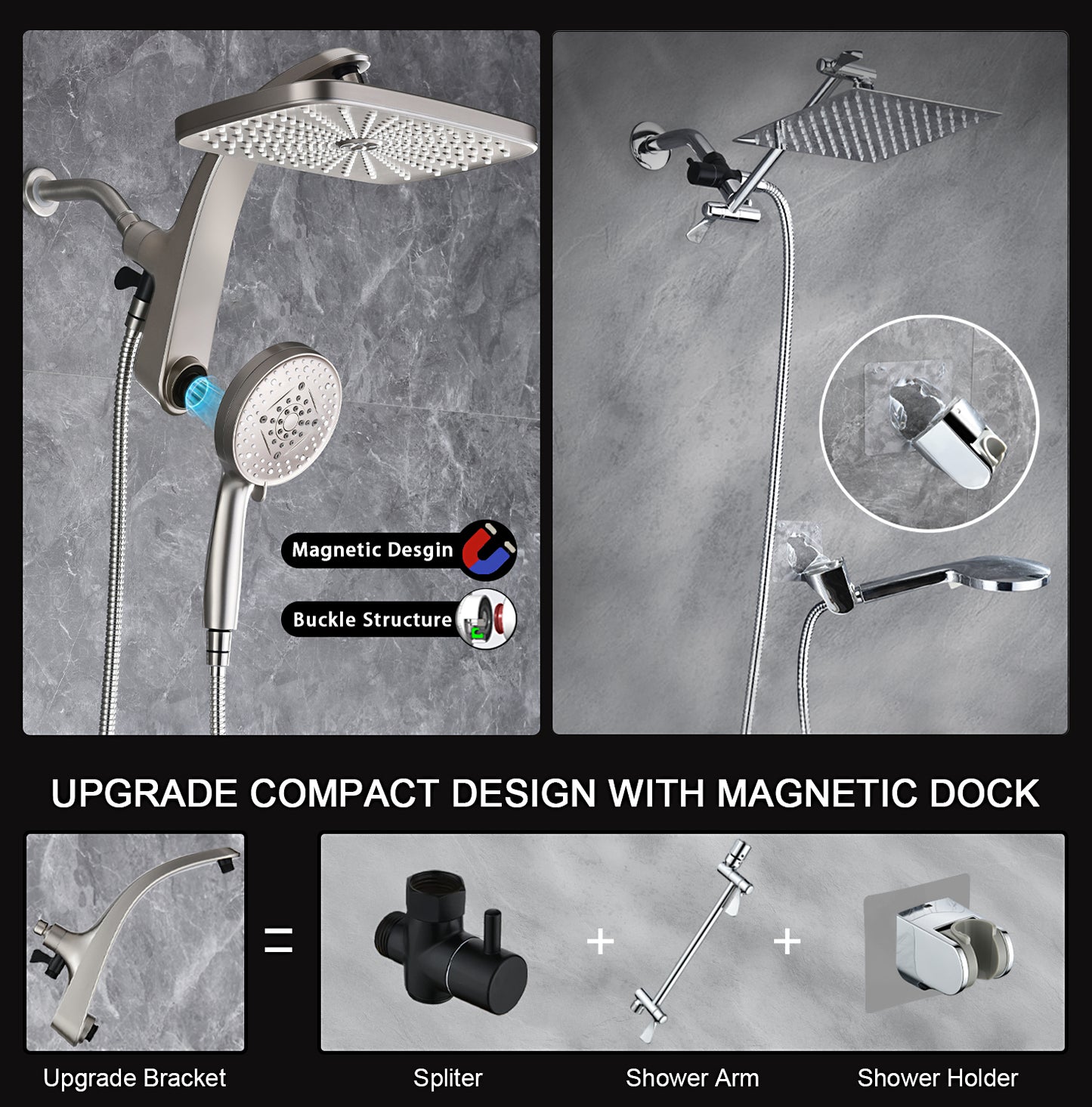 High Pressure Rain Shower Head: Upgrade Shower Heads with Handheld Spray Combo with Fixed Showerhead and 10 Sprays Handheld Shower Head, Detachable Showerheads Built-in Magnetic Docking and Power Jets