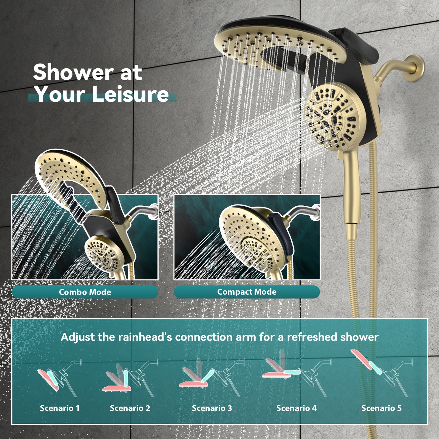 Rain Shower Head with Handheld: Foldable High Pressure Shower Heads with Handheld Spray Combo, 9 Spray Settings/Modes Hand Held Showerhead Dual Rainfall Shower Head Built-in Magnetic Docking and Jets