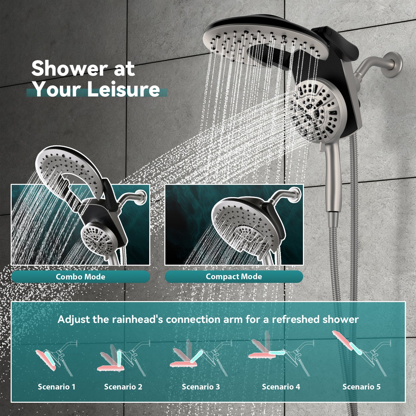 Rain Shower Head with Handheld: Foldable High Pressure Shower Heads with Handheld Spray Combo, 9 Spray Settings/Modes Hand Held Showerhead Dual Rainfall Shower Head Built-in Magnetic Docking and Jet