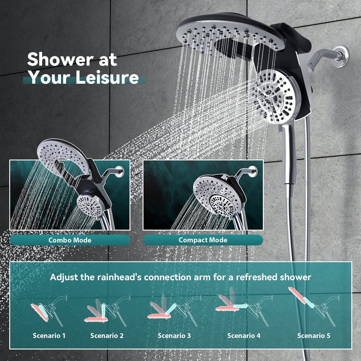 Rain Shower Head with Handheld: Foldable High Pressure Shower Heads with Handheld Spray Combo, 9 Spray Settings/Modes Hand Held Showerhead Dual Rainfall Shower Head Built-in Magnetic Docking and Jets