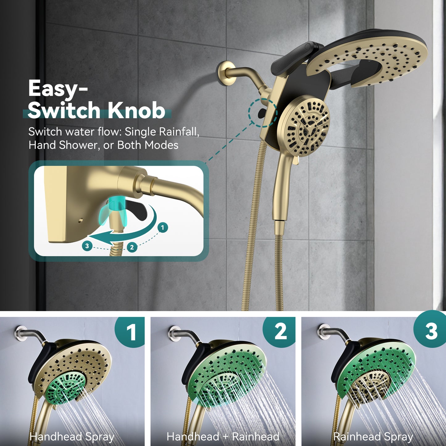 Rain Shower Head with Handheld: Foldable High Pressure Shower Heads with Handheld Spray Combo, 9 Spray Settings/Modes Hand Held Showerhead Dual Rainfall Shower Head Built-in Magnetic Docking and Jets