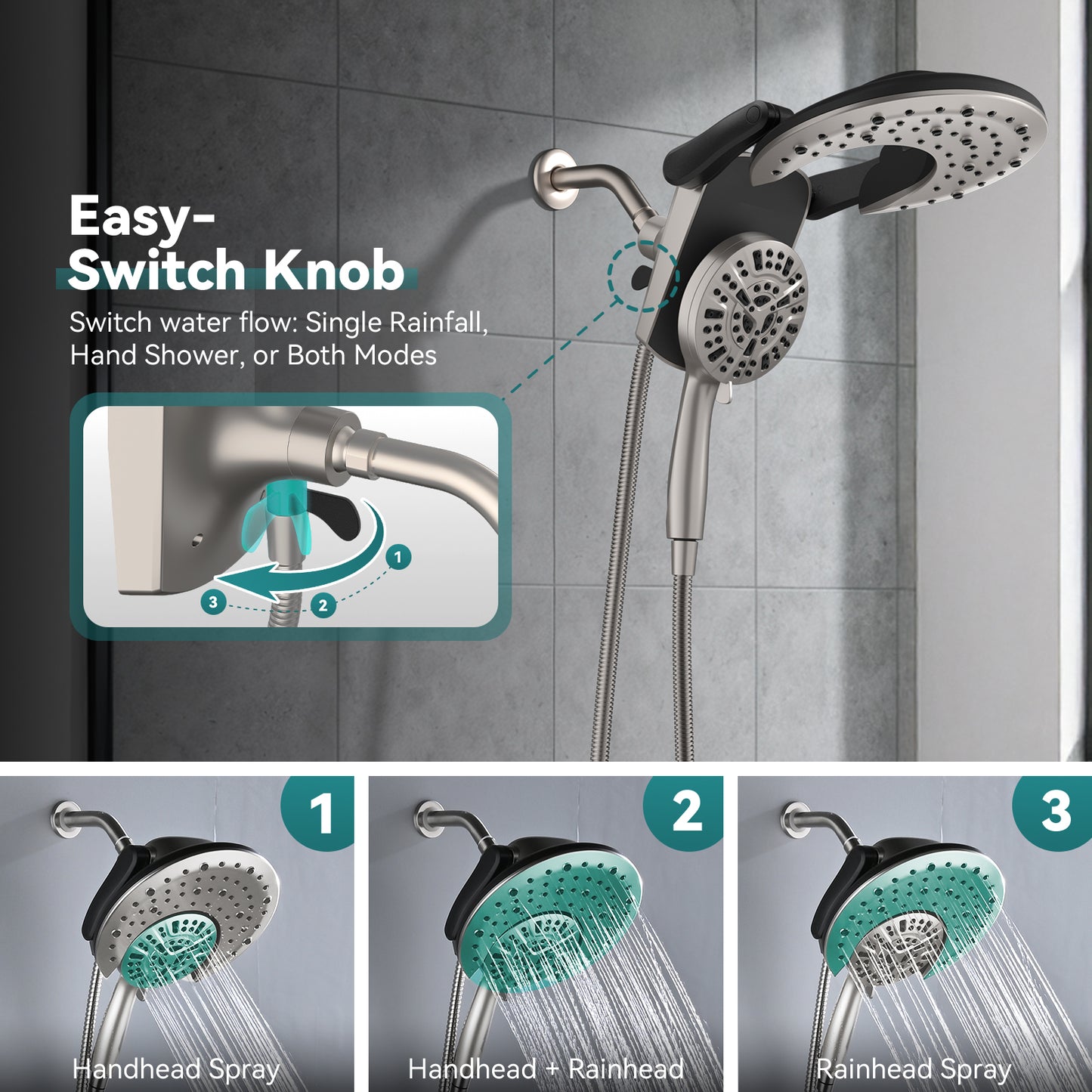 Rain Shower Head with Handheld: Foldable High Pressure Shower Heads with Handheld Spray Combo, 9 Spray Settings/Modes Hand Held Showerhead Dual Rainfall Shower Head Built-in Magnetic Docking and Jet