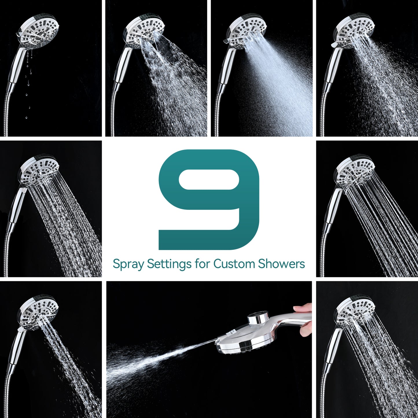 Rain Shower Head with Handheld: Foldable High Pressure Shower Heads with Handheld Spray Combo, 9 Spray Settings/Modes Hand Held Showerhead Dual Rainfall Shower Head Built-in Magnetic Docking and Jets