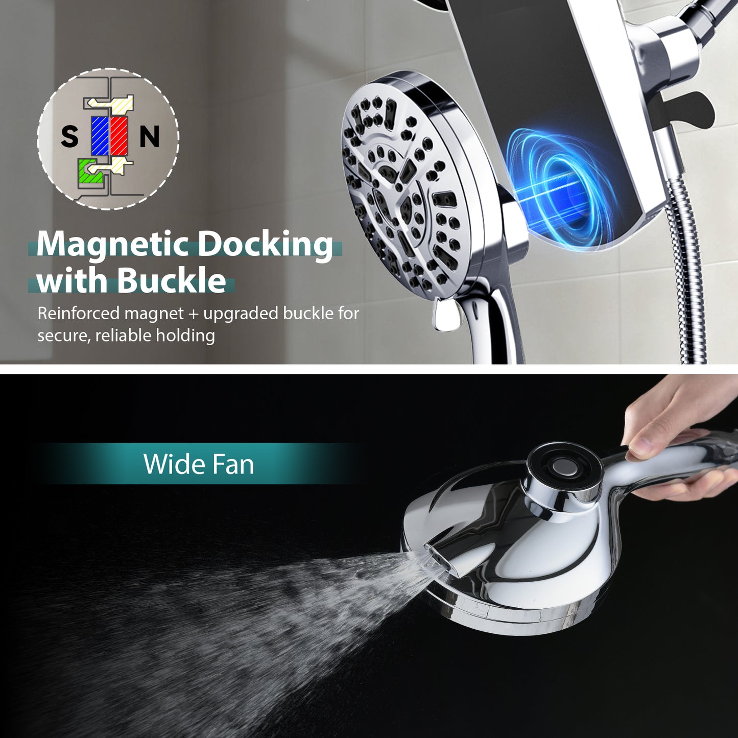 Rain Shower Head with Handheld: Foldable High Pressure Shower Heads with Handheld Spray Combo, 9 Spray Settings/Modes Hand Held Showerhead Dual Rainfall Shower Head Built-in Magnetic Docking and Jets
