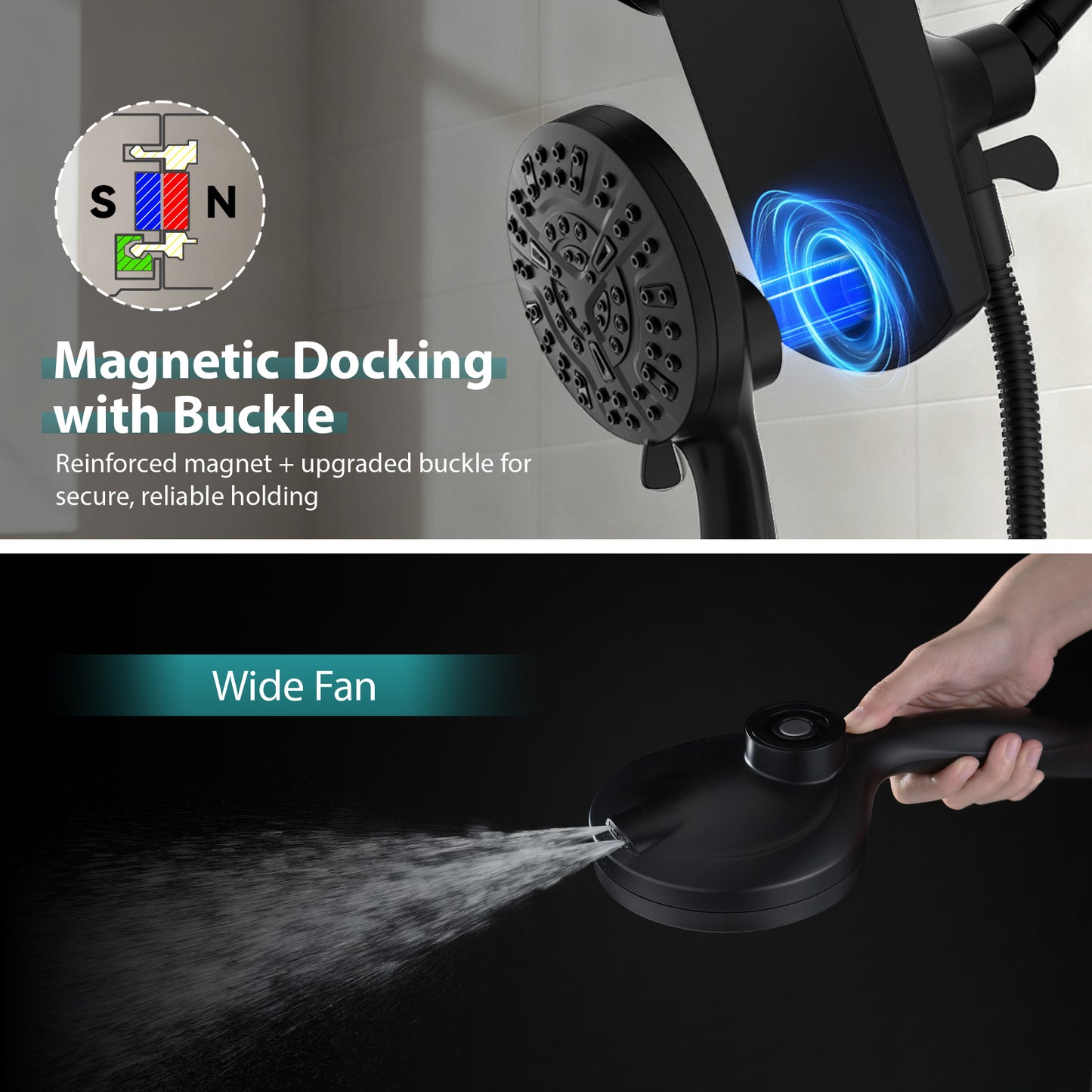 Rain Shower Head with Handheld: Foldable High Pressure Shower Heads with Handheld Spray Combo, 9 Spray Settings/Modes Hand Held Showerhead Dual Rainfall Shower Head Built-in Magnetic Docking and Jets