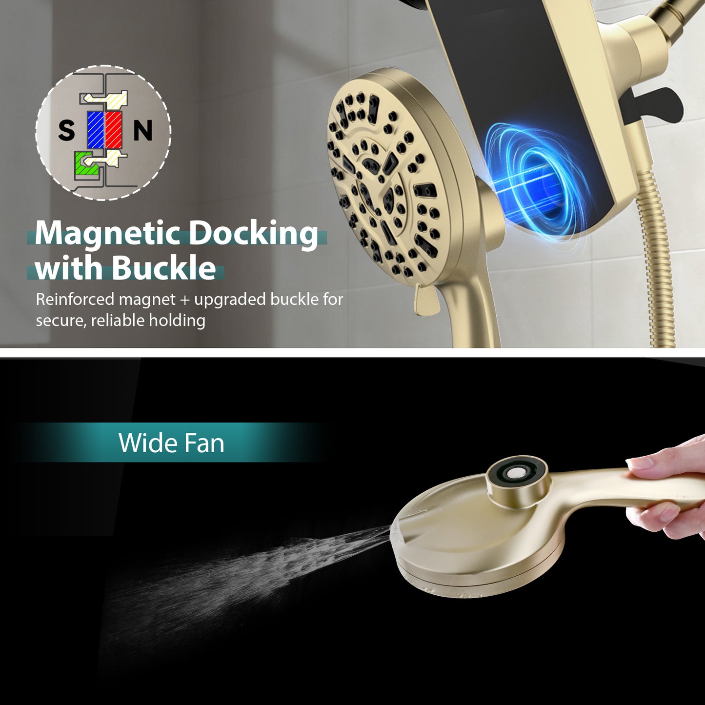 Rain Shower Head with Handheld: Foldable High Pressure Shower Heads with Handheld Spray Combo, 9 Spray Settings/Modes Hand Held Showerhead Dual Rainfall Shower Head Built-in Magnetic Docking and Jets