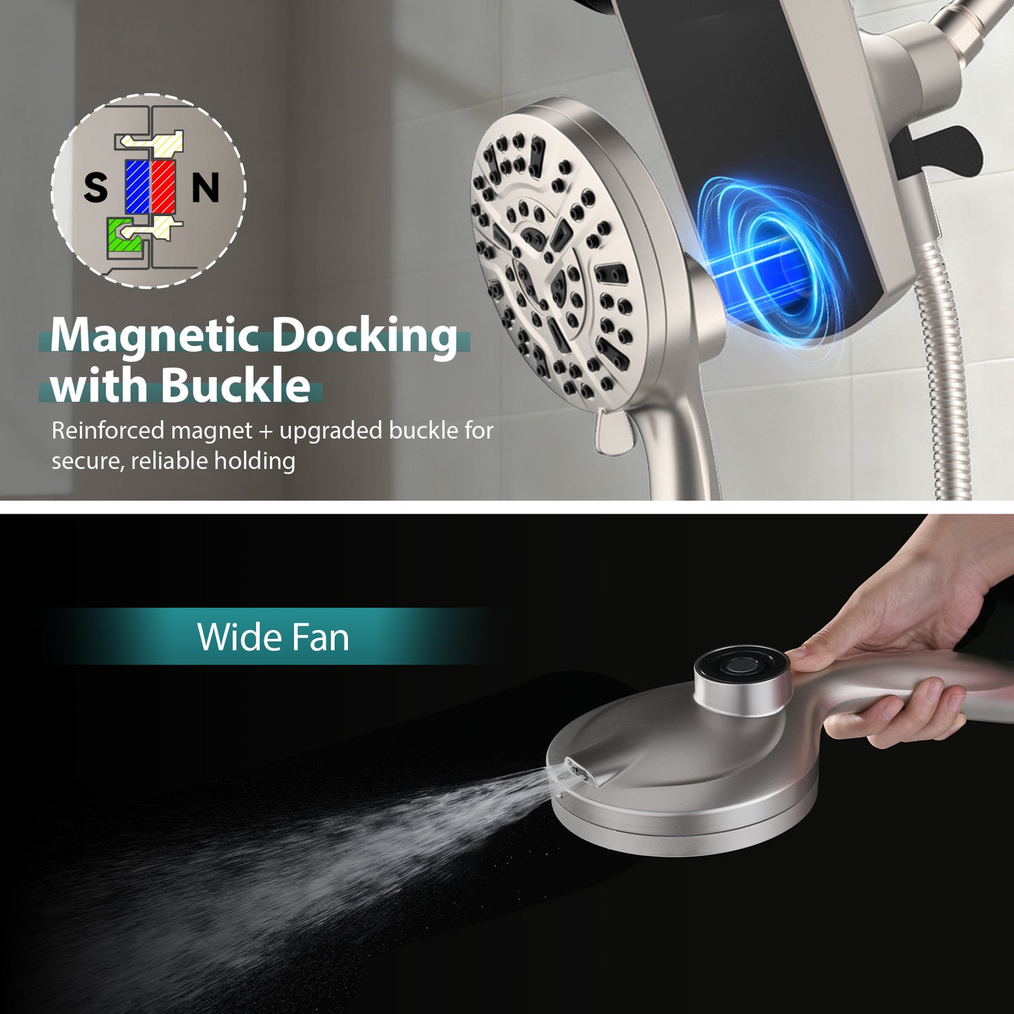Rain Shower Head with Handheld: Foldable High Pressure Shower Heads with Handheld Spray Combo, 9 Spray Settings/Modes Hand Held Showerhead Dual Rainfall Shower Head Built-in Magnetic Docking and Jet
