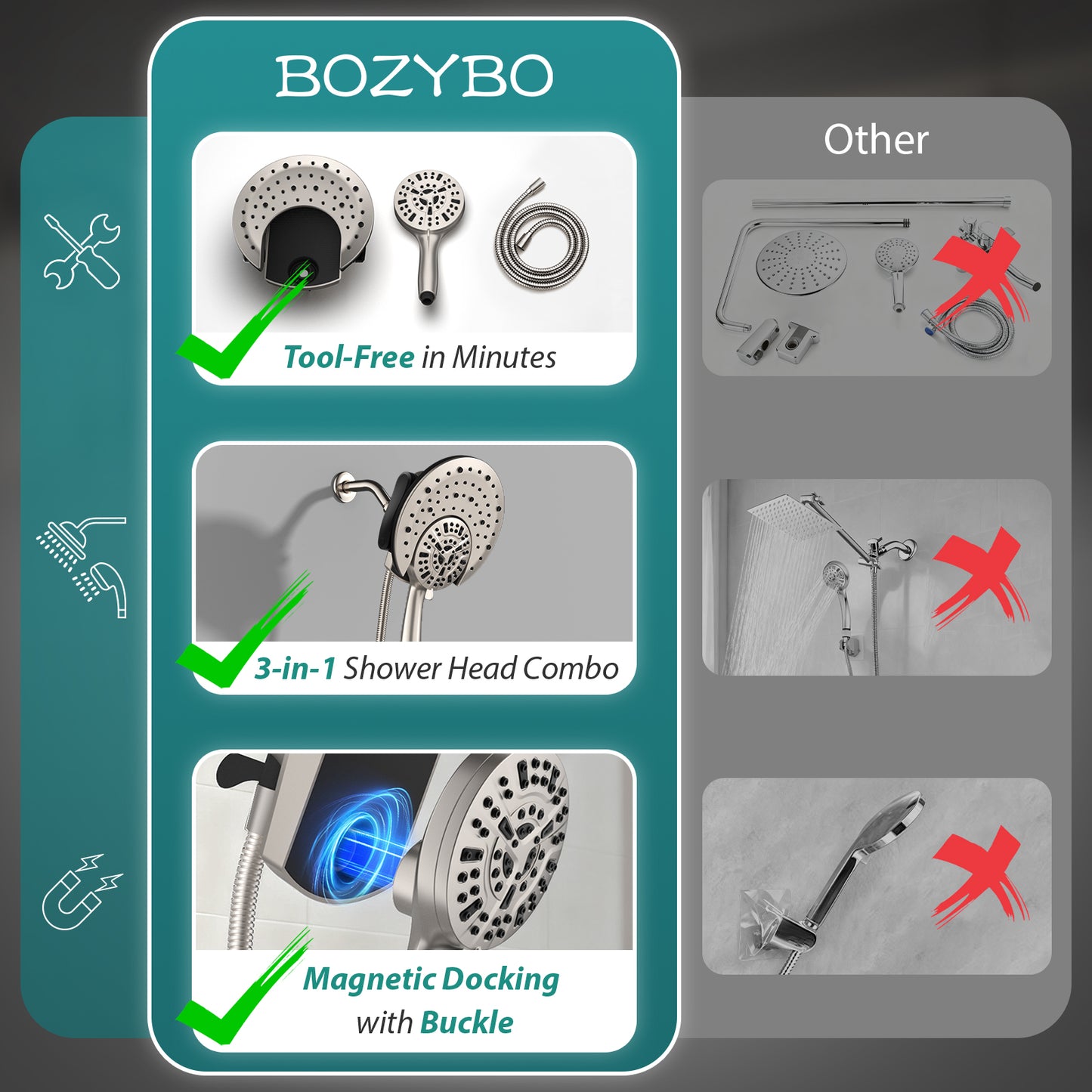 Rain Shower Head with Handheld: Foldable High Pressure Shower Heads with Handheld Spray Combo, 9 Spray Settings/Modes Hand Held Showerhead Dual Rainfall Shower Head Built-in Magnetic Docking and Jet