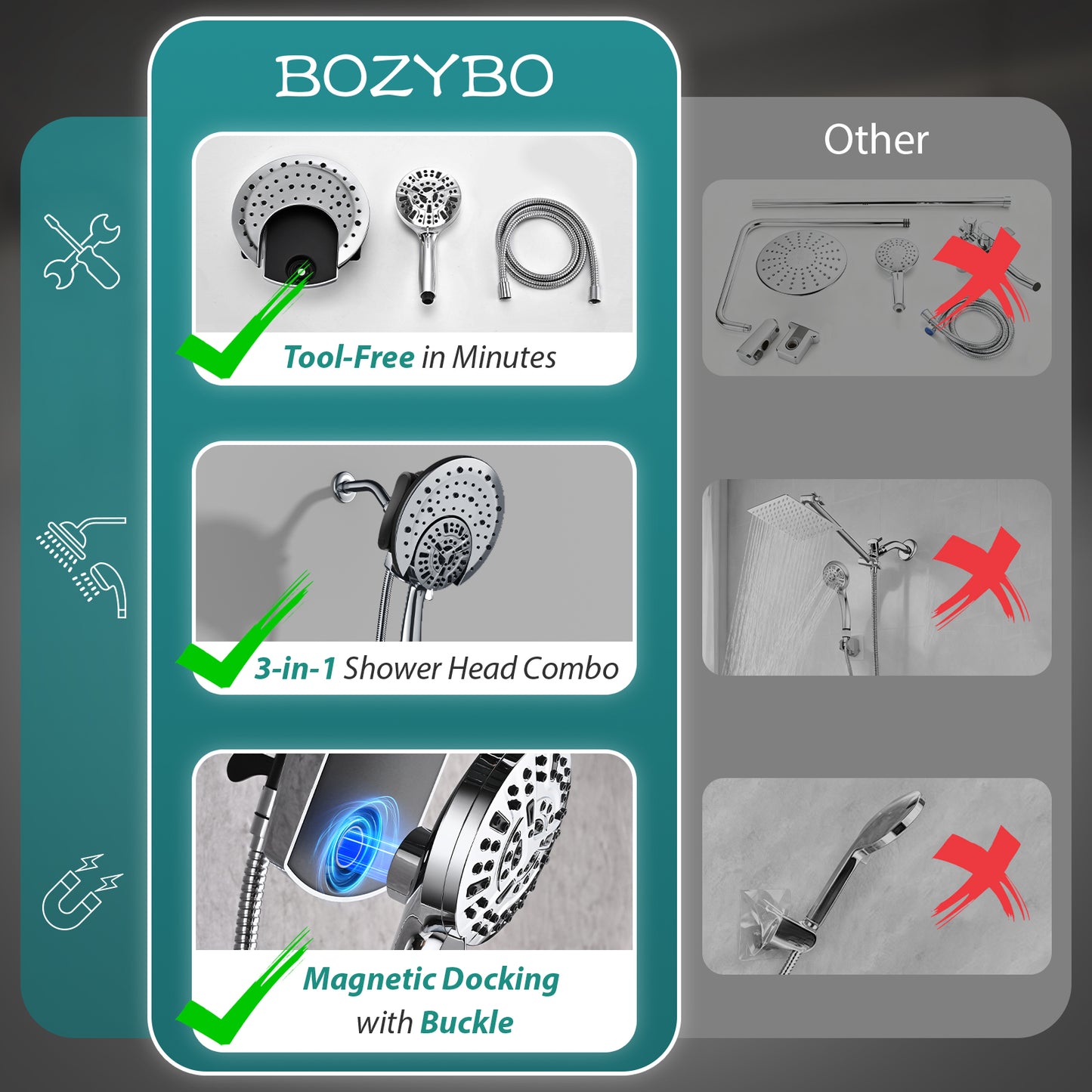 Rain Shower Head with Handheld: Foldable High Pressure Shower Heads with Handheld Spray Combo, 9 Spray Settings/Modes Hand Held Showerhead Dual Rainfall Shower Head Built-in Magnetic Docking and Jets