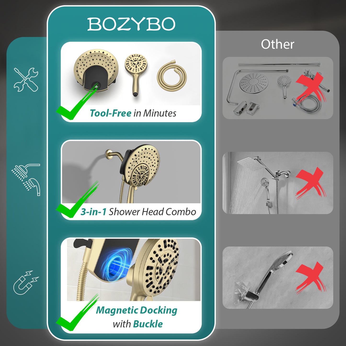 Rain Shower Head with Handheld: Foldable High Pressure Shower Heads with Handheld Spray Combo, 9 Spray Settings/Modes Hand Held Showerhead Dual Rainfall Shower Head Built-in Magnetic Docking and Jets