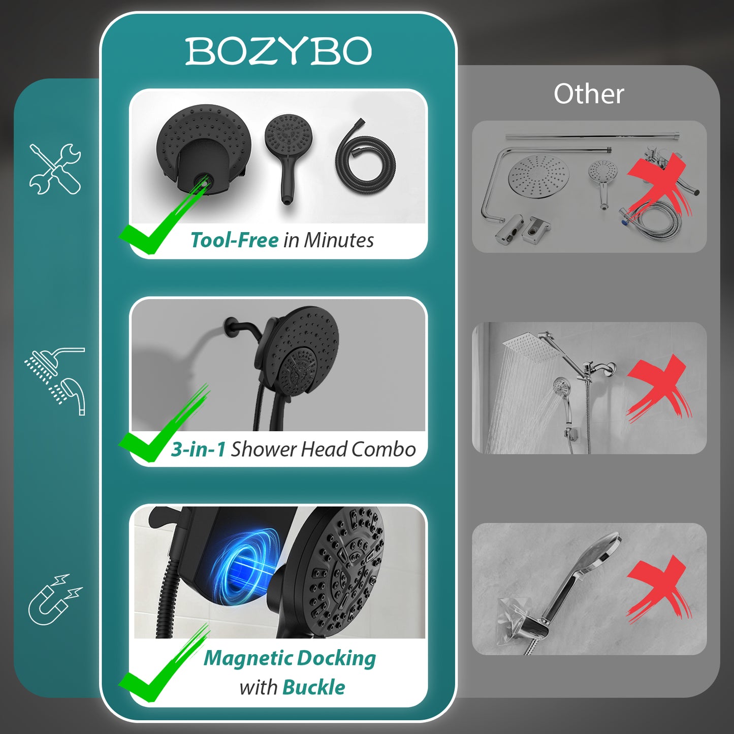 Rain Shower Head with Handheld: Foldable High Pressure Shower Heads with Handheld Spray Combo, 9 Spray Settings/Modes Hand Held Showerhead Dual Rainfall Shower Head Built-in Magnetic Docking and Jets